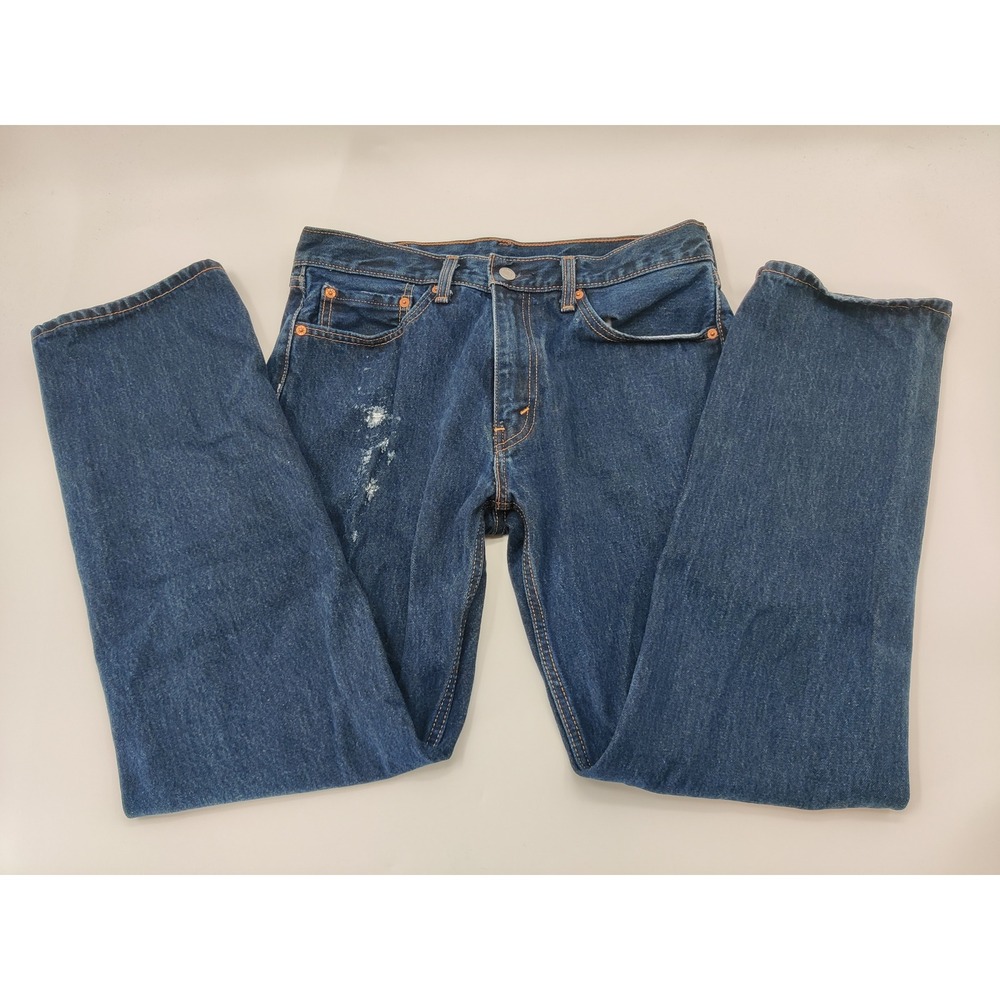 Levis 505 Regular Fit Straight Leg Blue Distressed Denim Jeans Mens 33x32